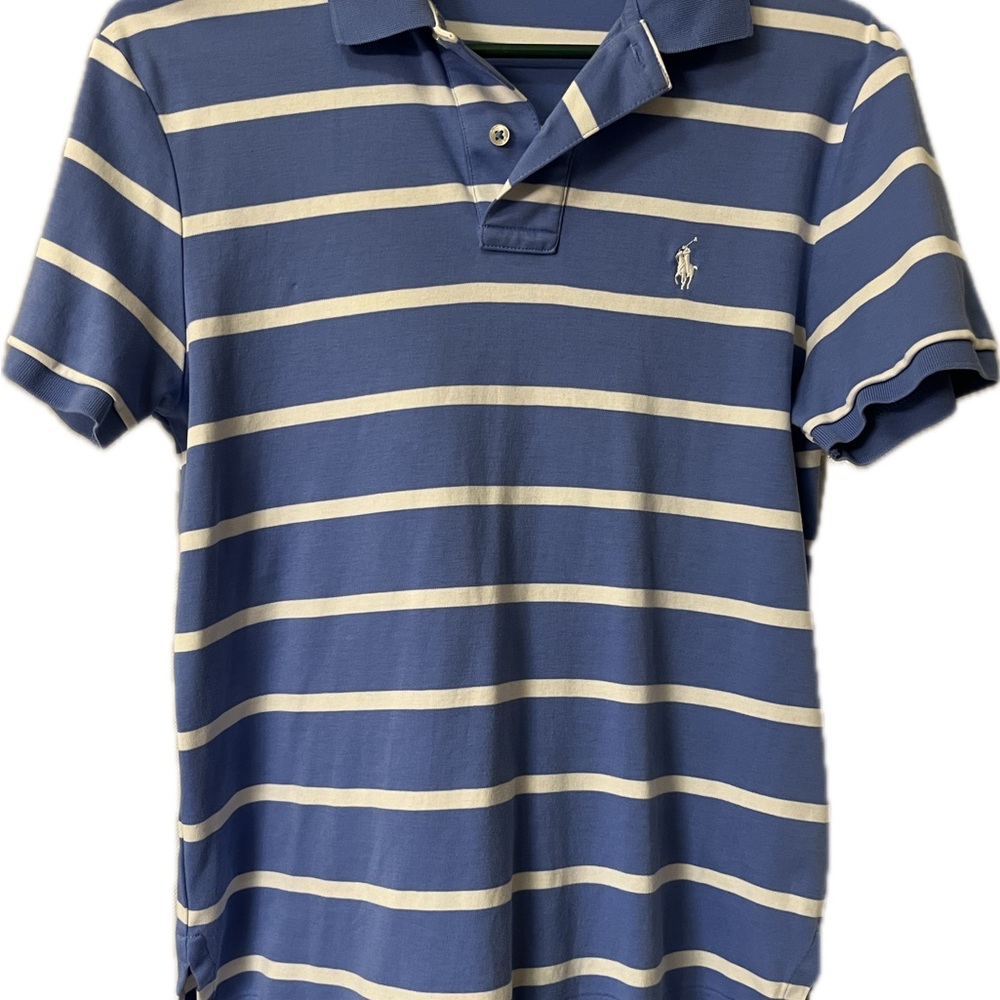 Polo shorts sleeve blue striped shirt small